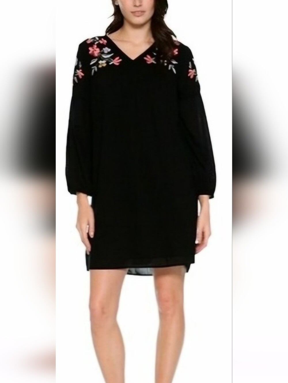 Old Navy Black Long-Sleeve Dress with Peach Floral Embroidery